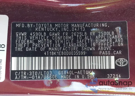 2013 Toyota Avalon Xle Touring z USA, uszkodzony, nr VIN 4T1BK1EB0DU035599